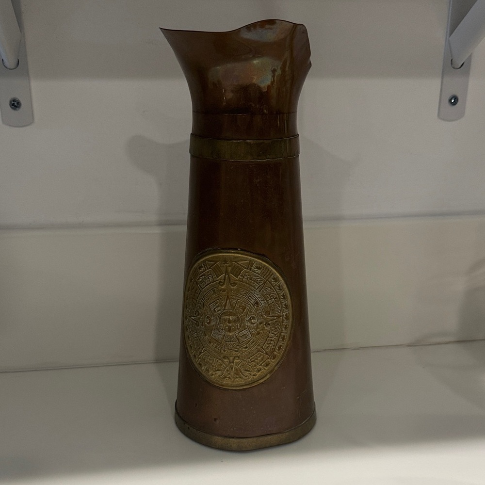 VINTAGE Hammered Copper & Brass Aztec Calendar Pitcher Vase